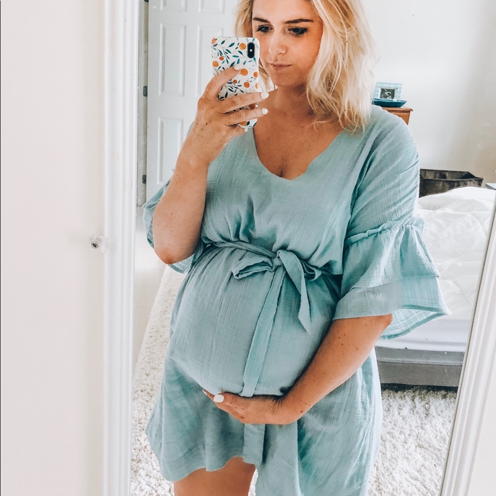Light Blue Maternity Dress with waist tie